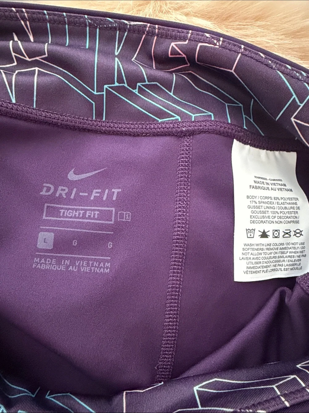Nike Purple Girls' Leggings with Geometric Panel and Neon Swoosh